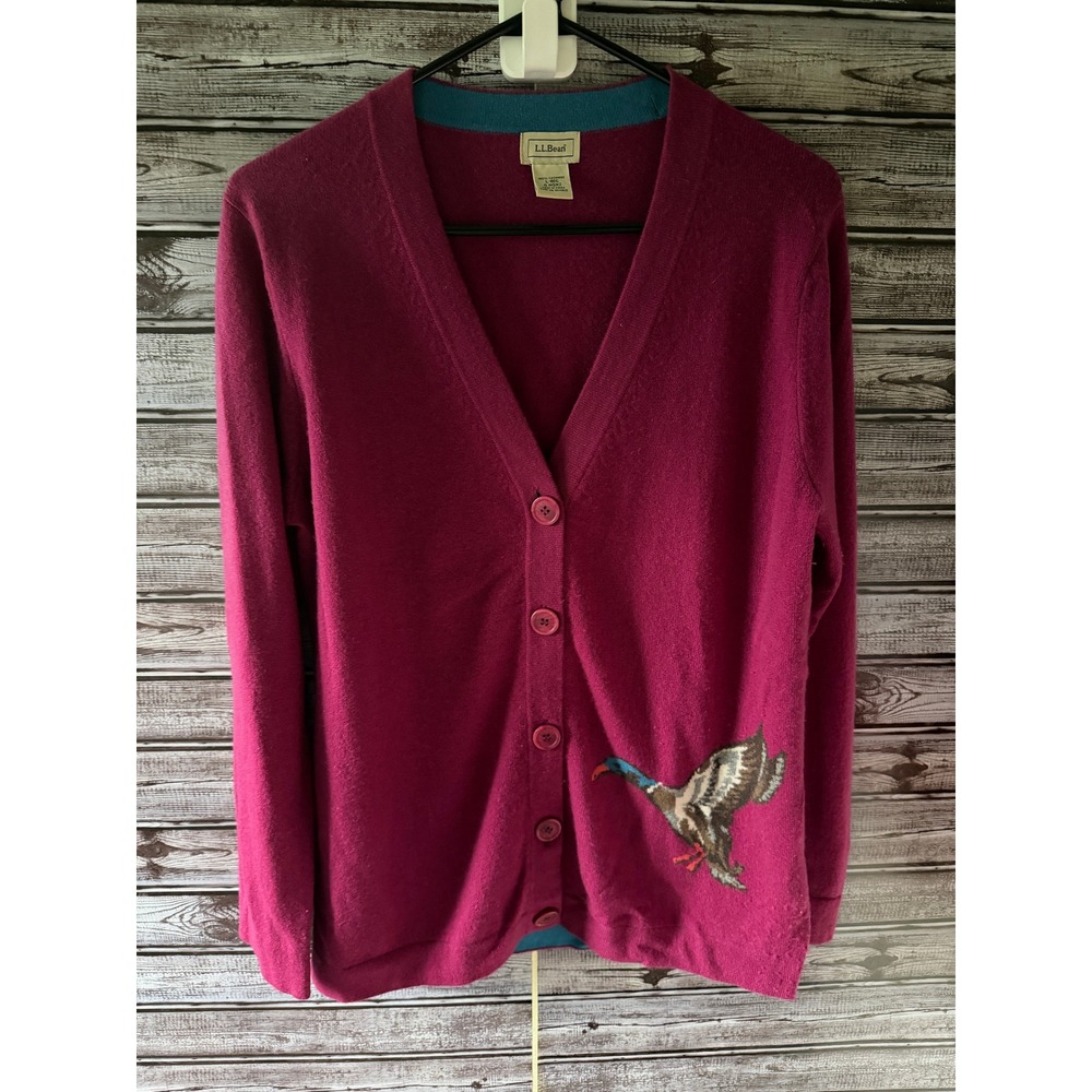 LL Bean Women's Long-Sleeved Sweater Cardigan Sz L Magenta Mallard Duck Cashmere